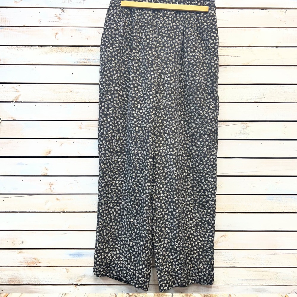 Talbots 100% Silk Wide Leg Pants High Rise Floral Black Beige Size 10